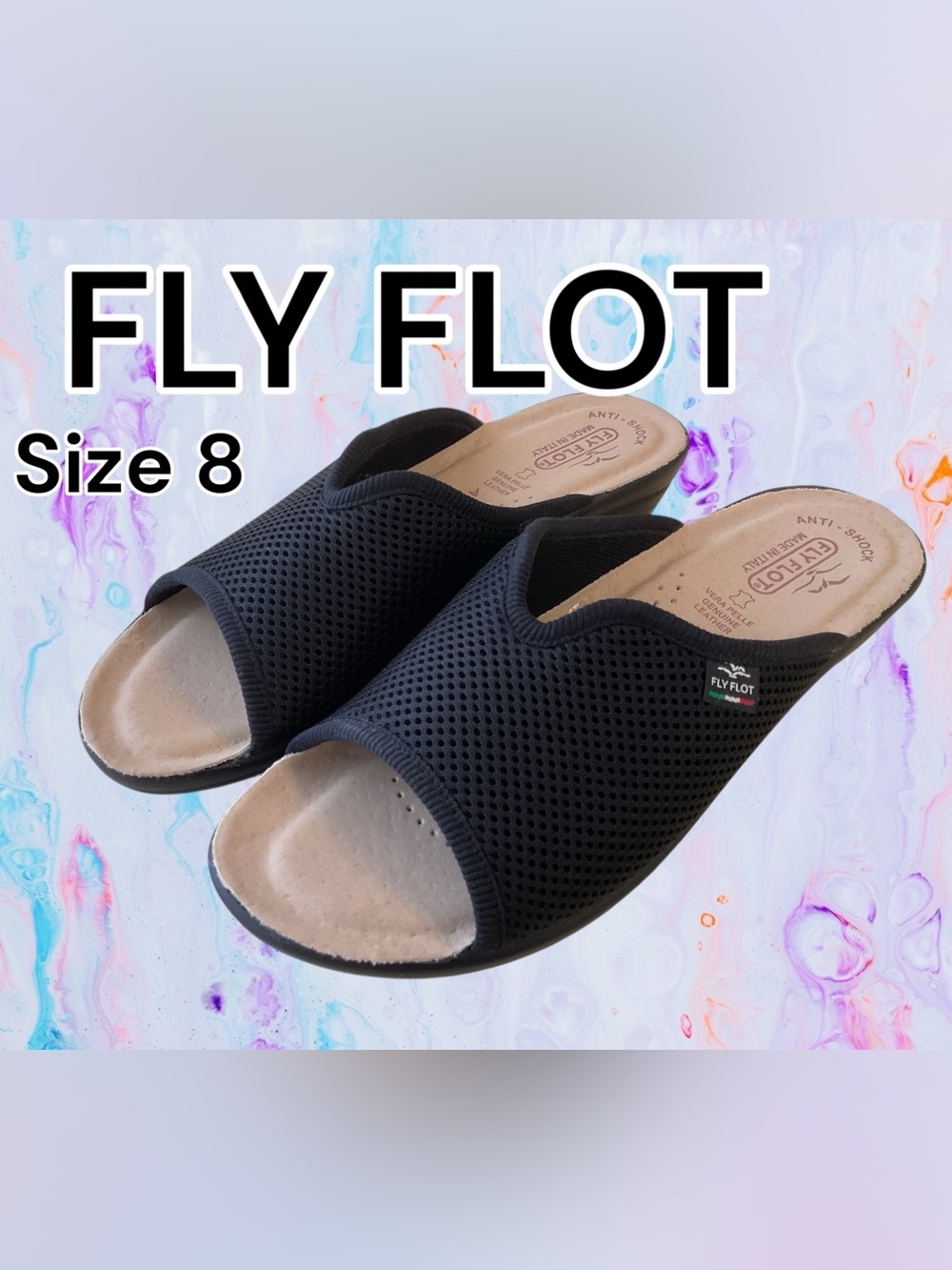 Fly Flot Black Mesh Open-Toe Slip-On Comfort 
Sandals, NEW!